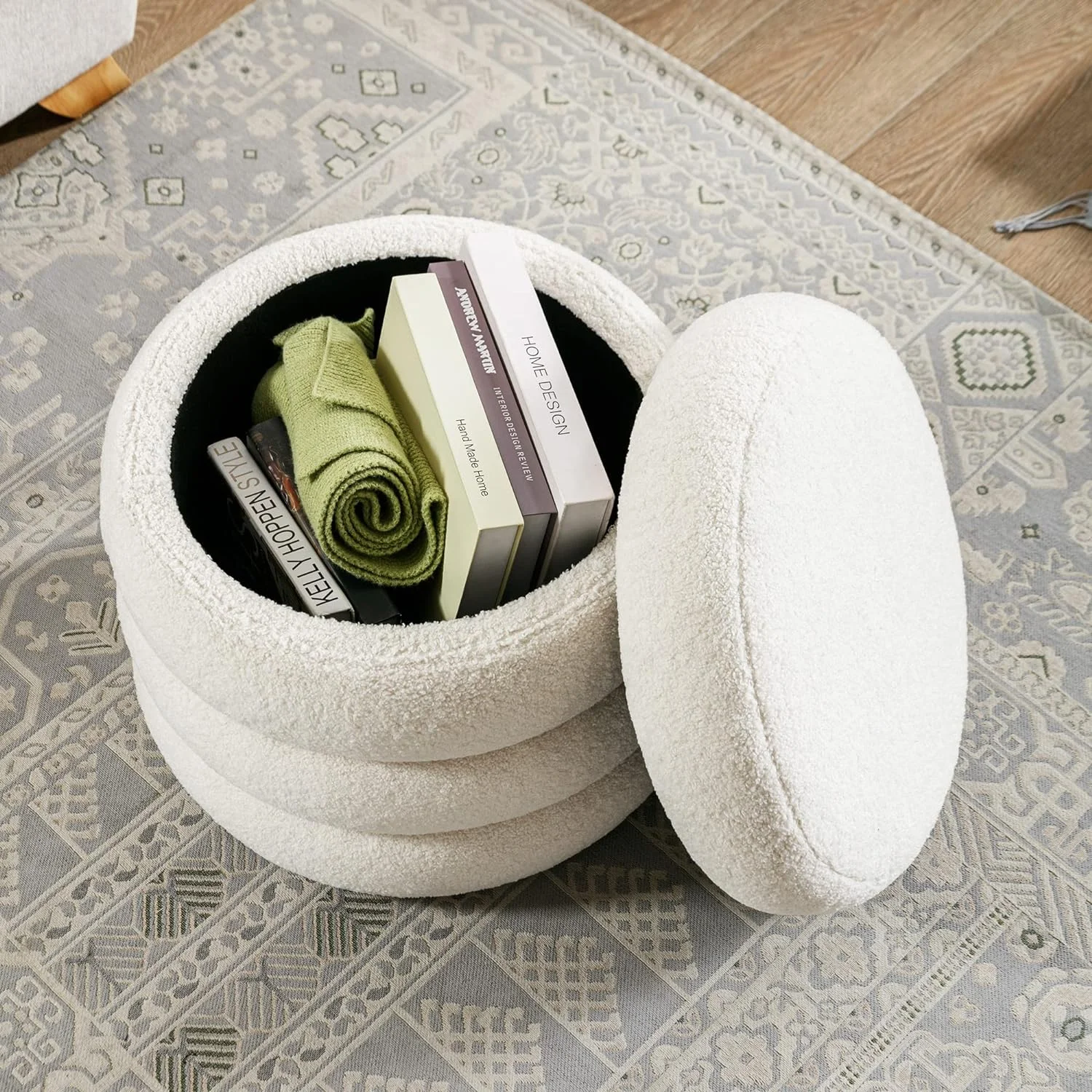 Modern Furniture Boucle Fabric Round Soft Tufted Footstool Storage Ottoman with Removable Lid for Living Room