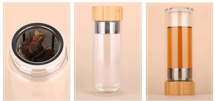 Hot Selling Product 2020 Multifunctional Double Wall Glass Bottle With Bamboo Lid and Phone Holder Tea Infuser