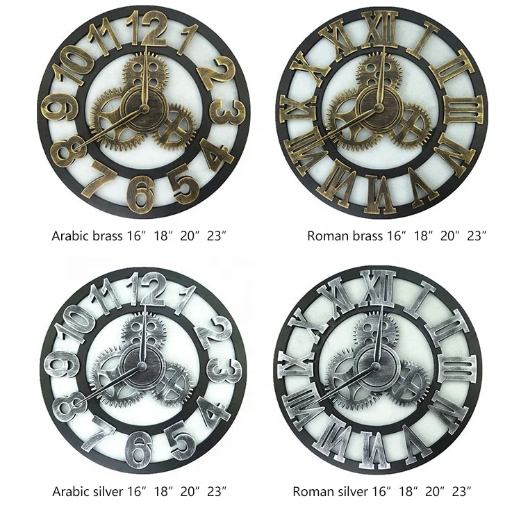 Roman-Anti-Bronze 3D Retro clocks Rustic Vintage Wooden 16 18 20 23 Inch Noiseless Gear Quartz Wall Clock for hotel Restaurant