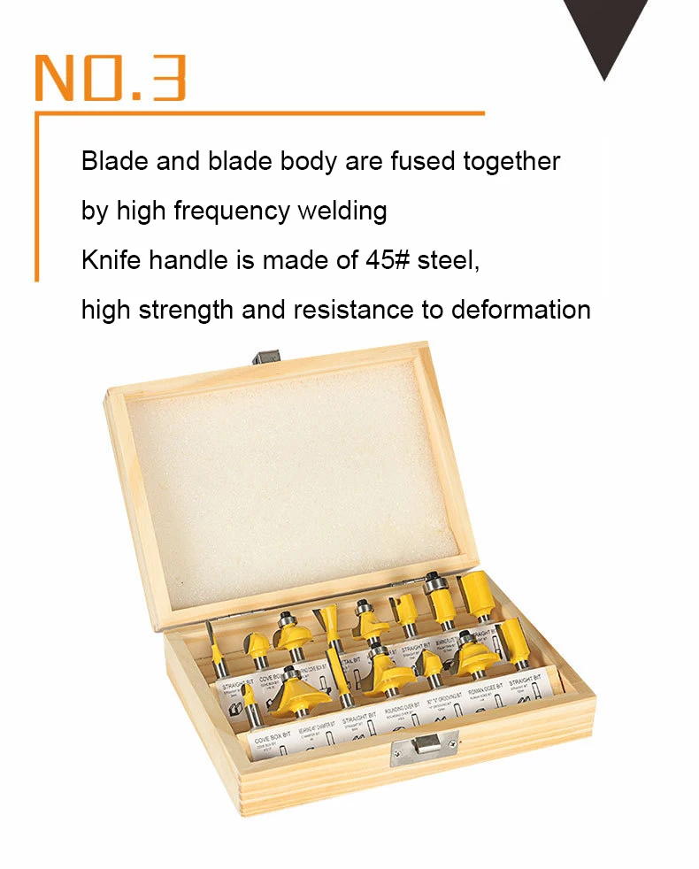 15pcs Woodworking 8mm Shank Router Bits Sets Cove Box Dovetail Chamfer Round Corner Straight Flute V Grooving Milling Cutter