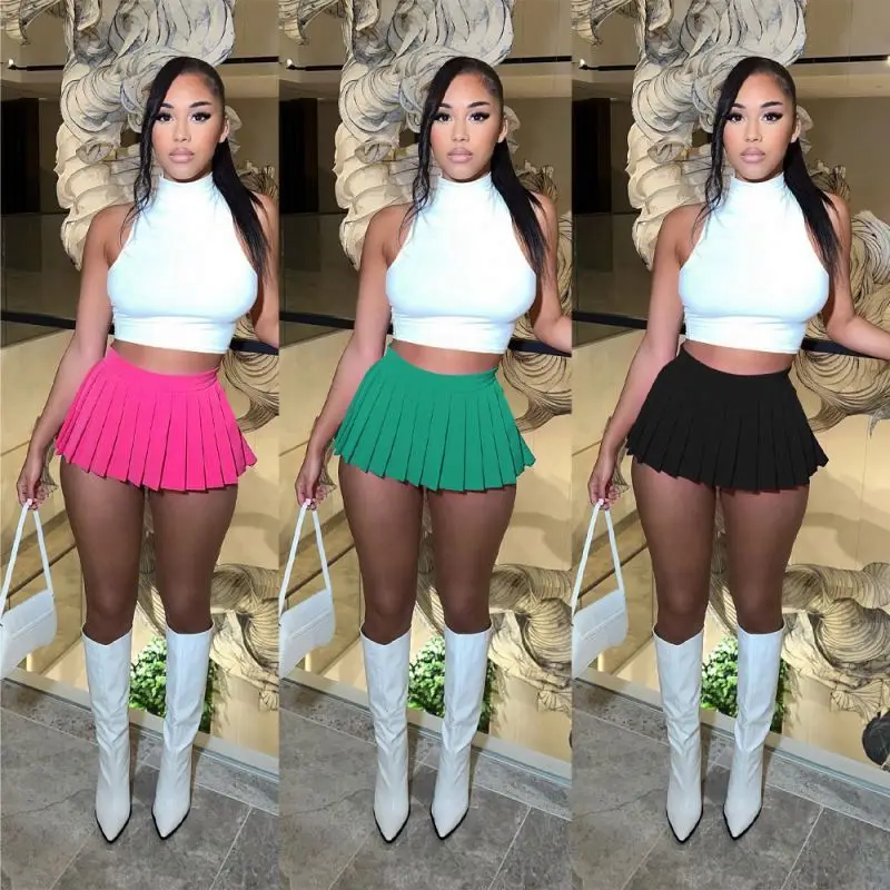 Women Clothing Fashion Dress High Waist Pleated Skirt Candy Colors Mini A-line Stitching Tennis Hem Girls Dance Skirts For Women