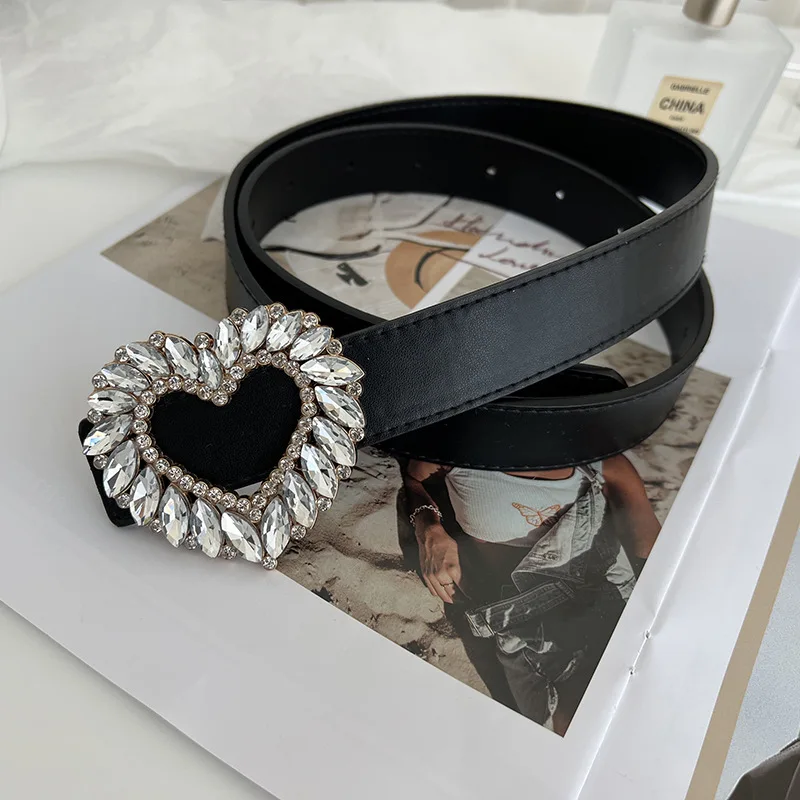 Rhinestone  Belt Bling Heart  Buckle Leather  Belt for Women Ladies Belts for Jeans Pants