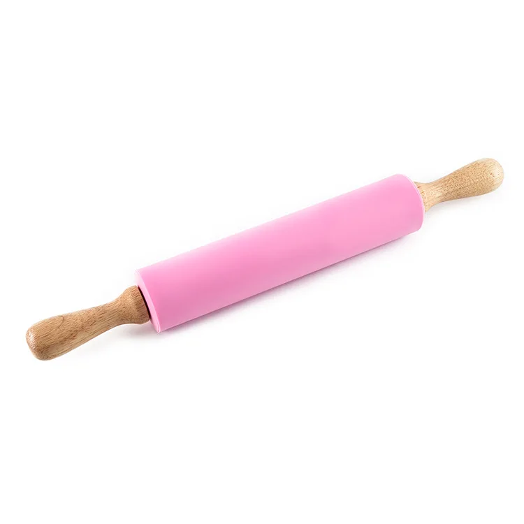 Factory wholesale 42 cm silicone rolling pin with wooden handle kitchen wooden rolling pin baking tool
