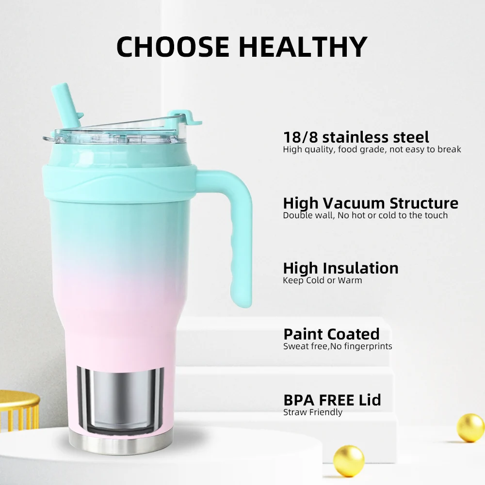 Wholesale Custom Logo Printed 40oz Coffee Mug Vacuum Stainless Steel Double Wall Travel Tumbler With Straw And Handle