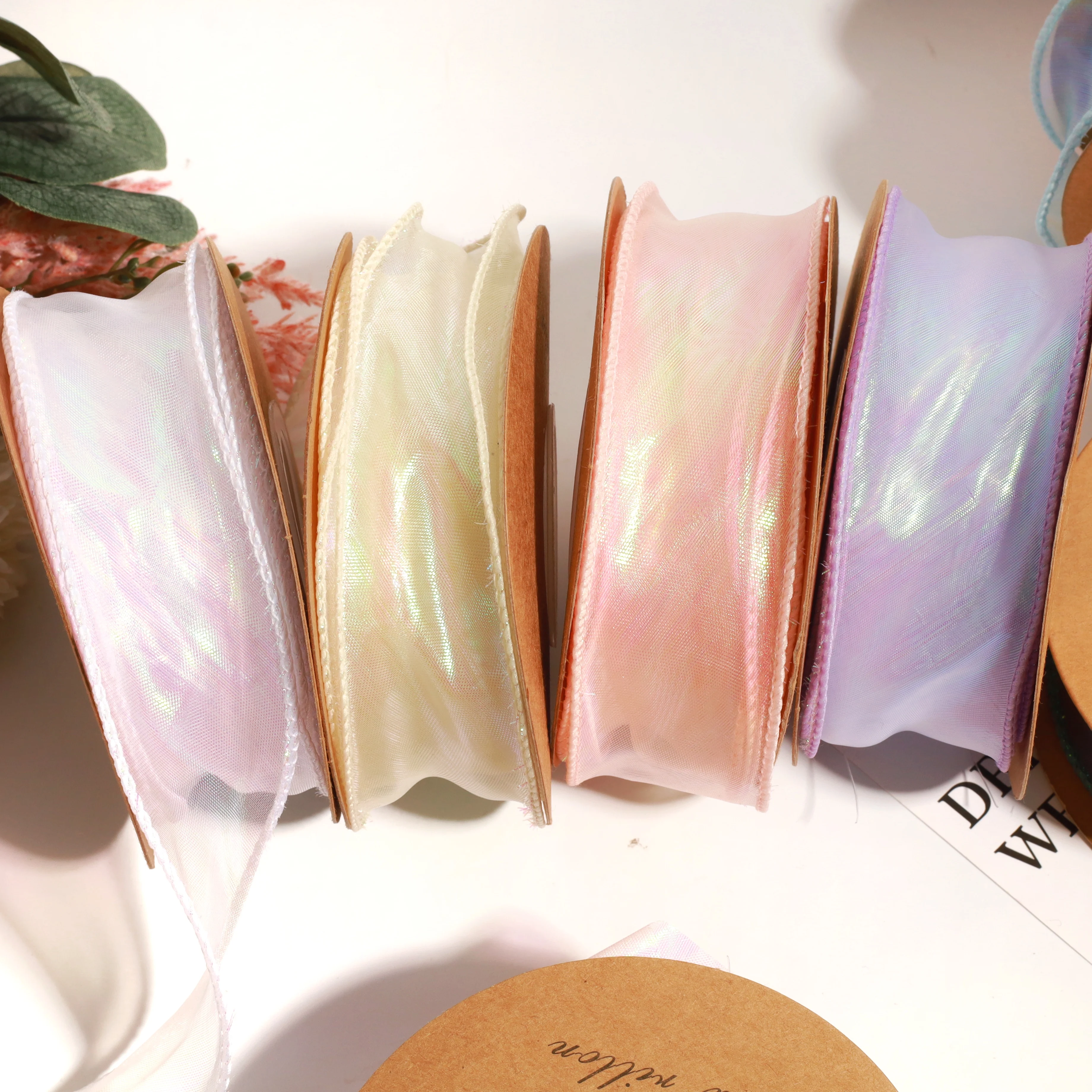 W02 Custom Fishtail Yarn Bowknot Christmas Satin Sari Silk Organza Ribbon Roll For Wedding