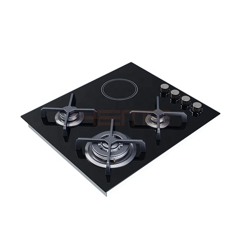 Made In China Household Cooking surface Built-in Black Glass Panel 4 Burners Hybrid Combination Hob For Home Kitchen