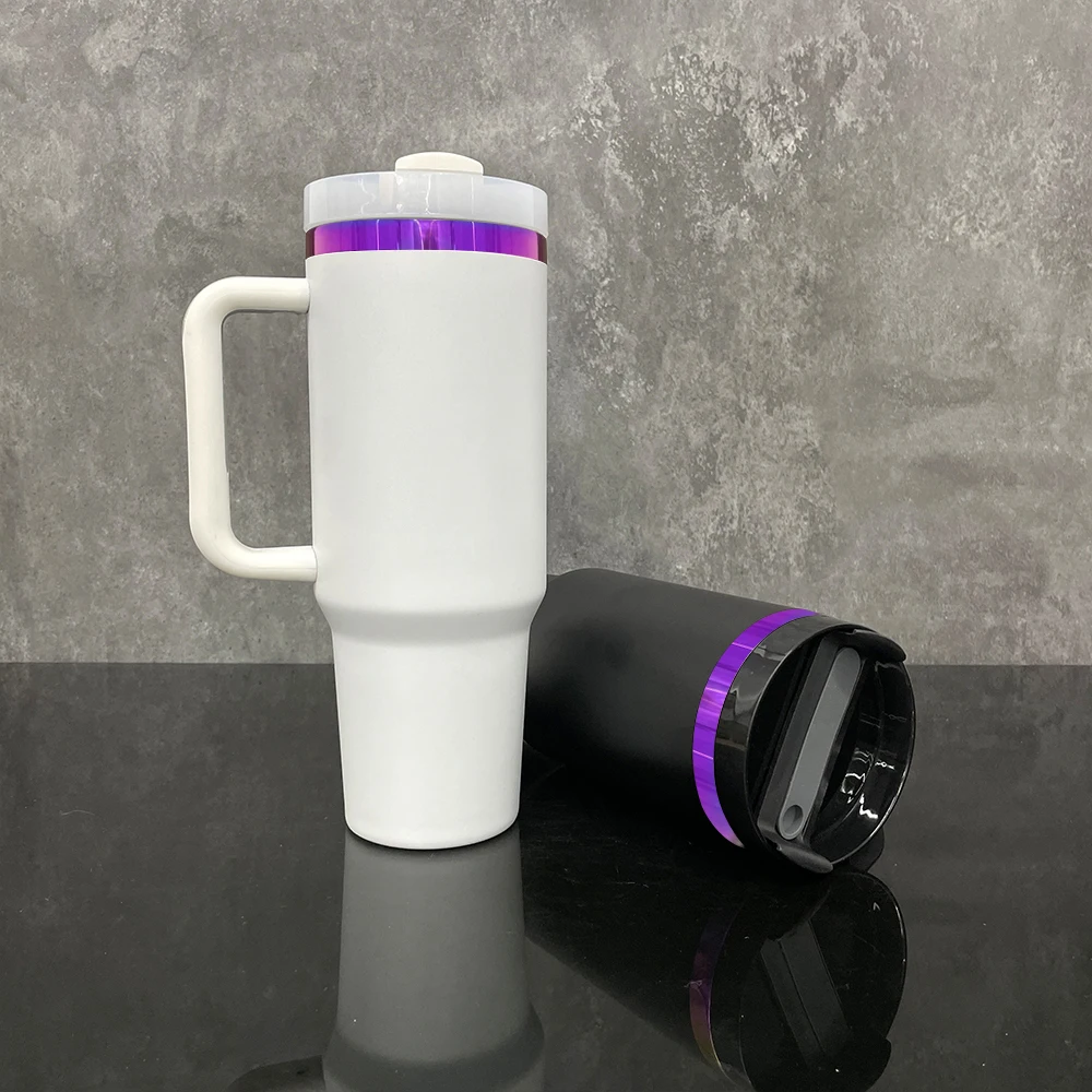 H2.0 40oz Tumbler Purple Plated Underneath Black White Powder Coated With Silicone Boots Sleeve