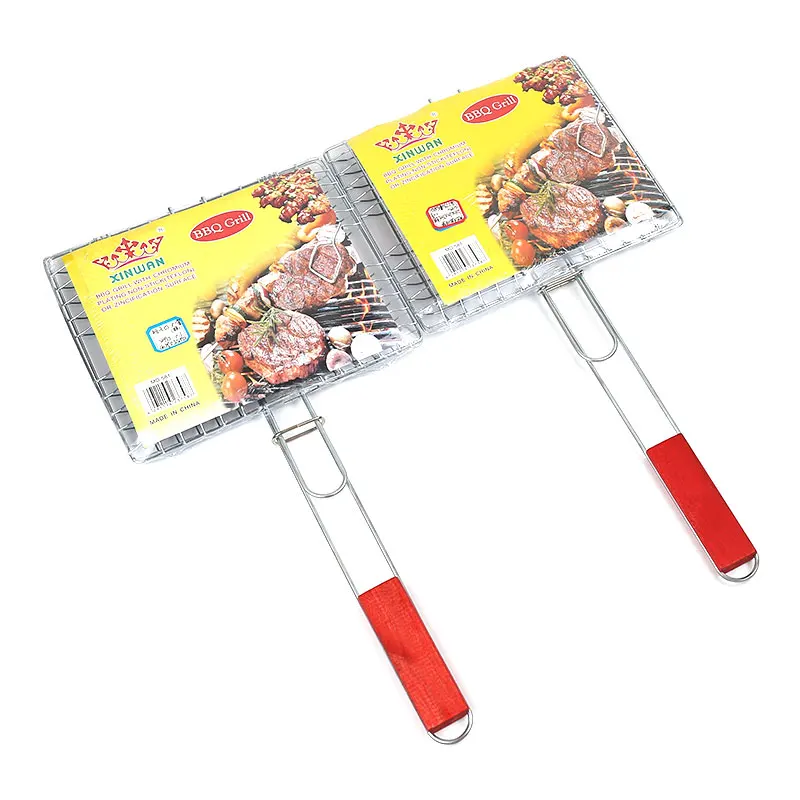 Short Wood Four Hamburgers Barbecue Accessories Grilling Wire Mesh Burger Net Stainless Steel Rack Metal Bbq Grill Basket