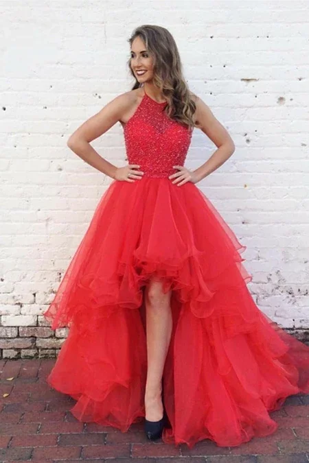Halter Neck Beaded Top Organza Ruffles High Low Formal Dresses Plus Size Front Short Back Long Prom Gowns