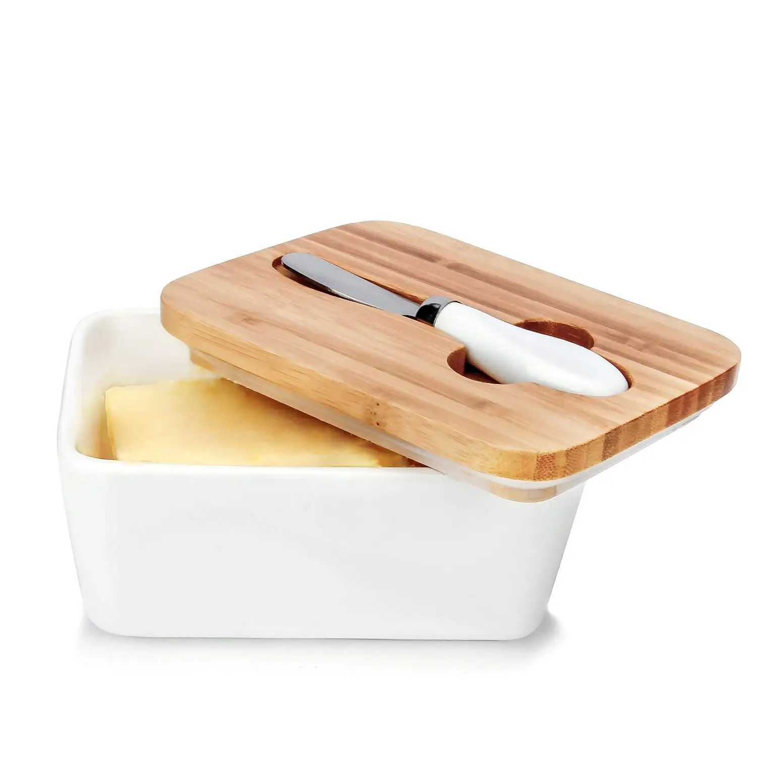 Kitchen Rectangle Butter Container with Knife Bamboo Lid Set Home Ceramic Butter Dish