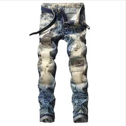 fashion crazy patch embroidery punk streetwear ripped hole men jeans