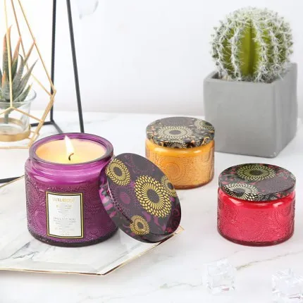 2023 New Unique Mini Recycle Color Embossed Pattern Glass Jar Candle For Home Decoration