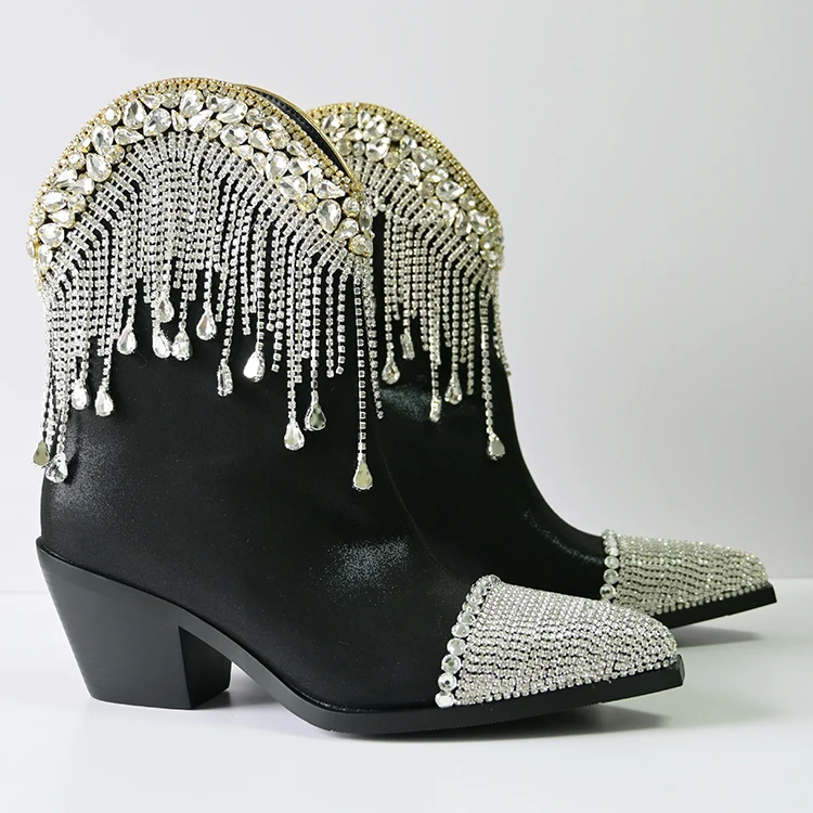 Stylish chunky heel ladies chelsea boots luxury rhinestones tassels women cowboy boots
