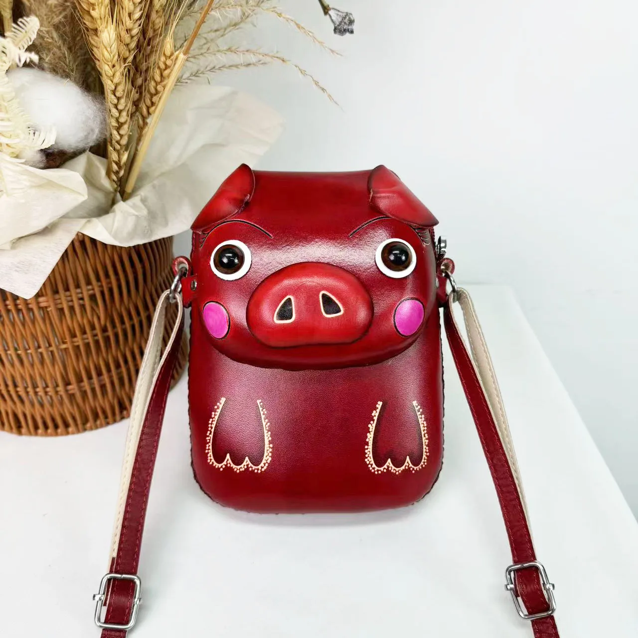 MB-021 Genuine leather  animal pig shape  mobile phone bags cute mini ladies handmade gift children women shoulder bags
