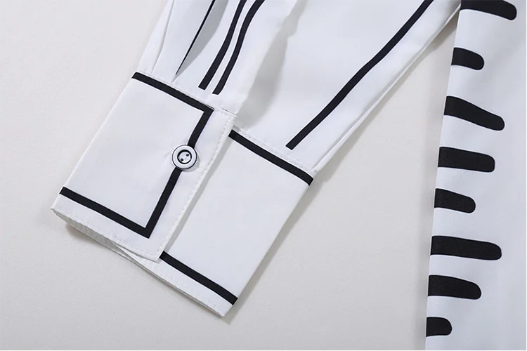 Fashion White Long Sleeve Turndown Collar Ladies Tops Blouse Line Printing Button Pockets Loose Shirts For Women