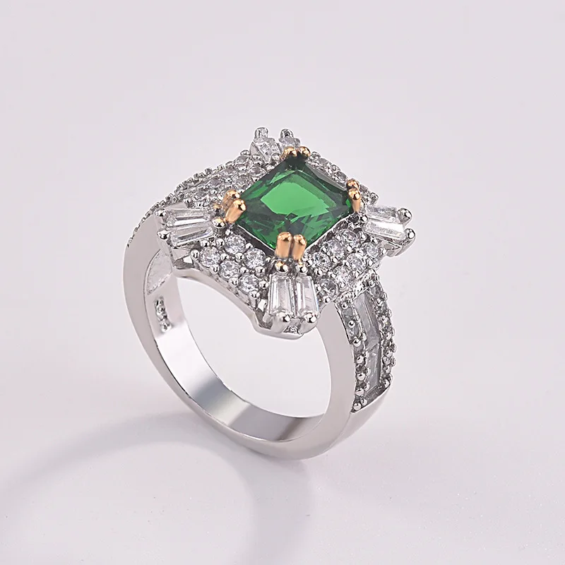 Hot selling emerald zircon square princess ring European and American micro  studded diamond engagement ring
