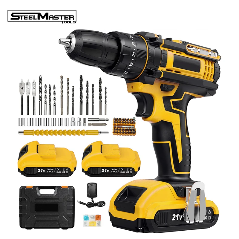 59pc 21V 2000mAh Cordless Power Drill Driver - 1500RPM 42Nm Torque. Includes Full Bit Set and 2 Batteries for DIY