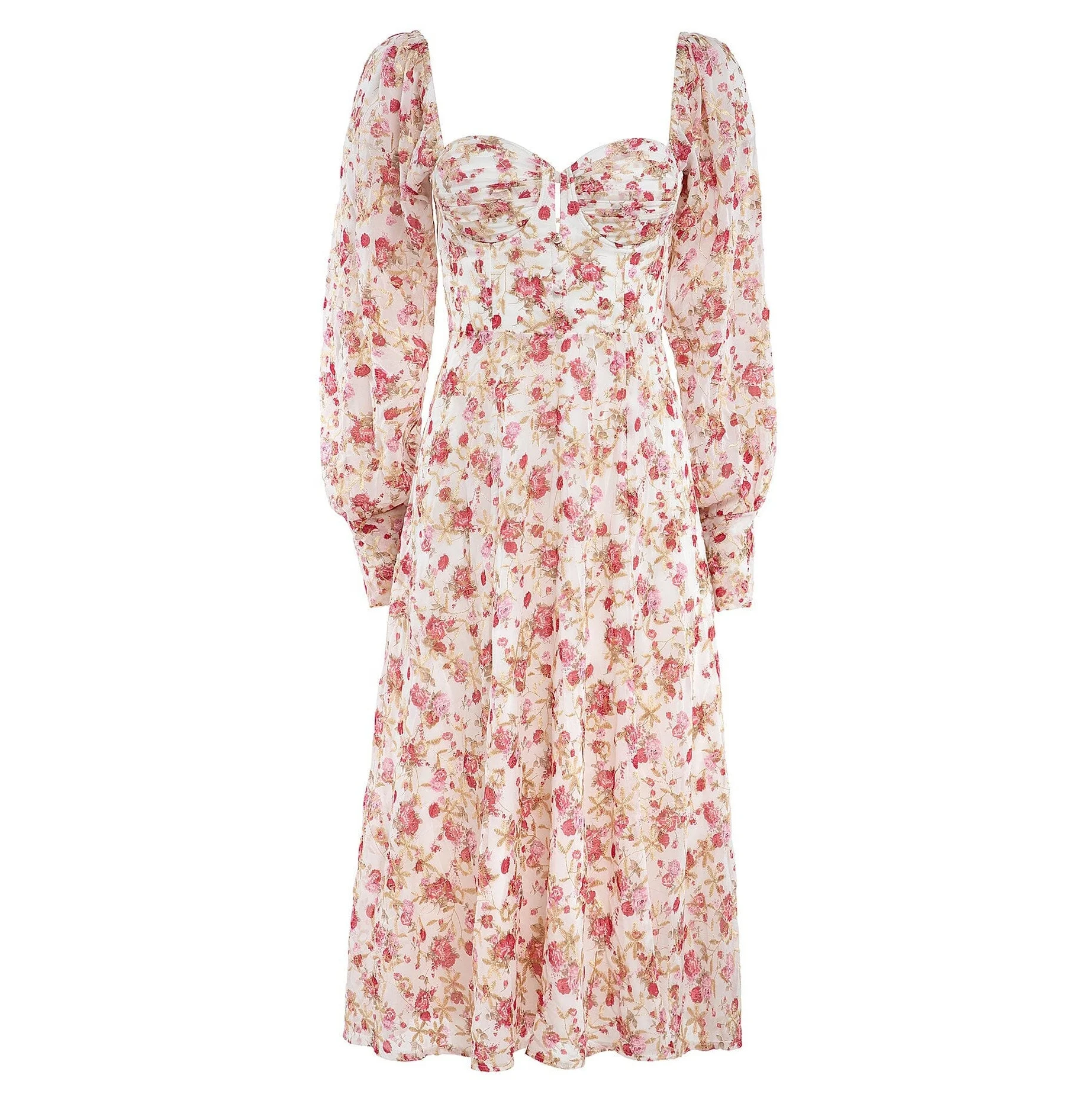 Romantic Lace-up Back Ruched Cups A-line Skirt Long Sleeves Floral Midi Dresses Big Swing Holiday Beach Casual Dress