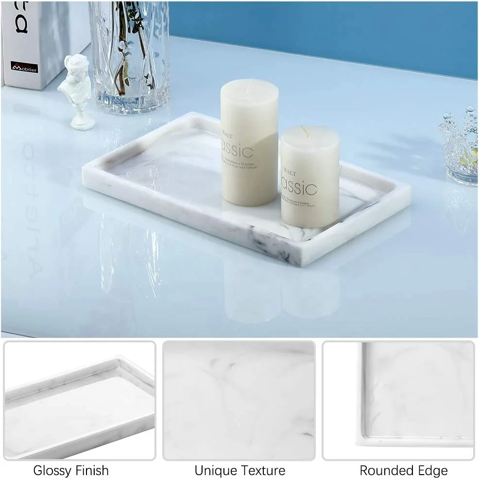 Custom Design Resin Decorative Tray Marble White Dresser Perfume Countertop Organizer Jewelry Dish Holder Resin Tray Vanity Tray