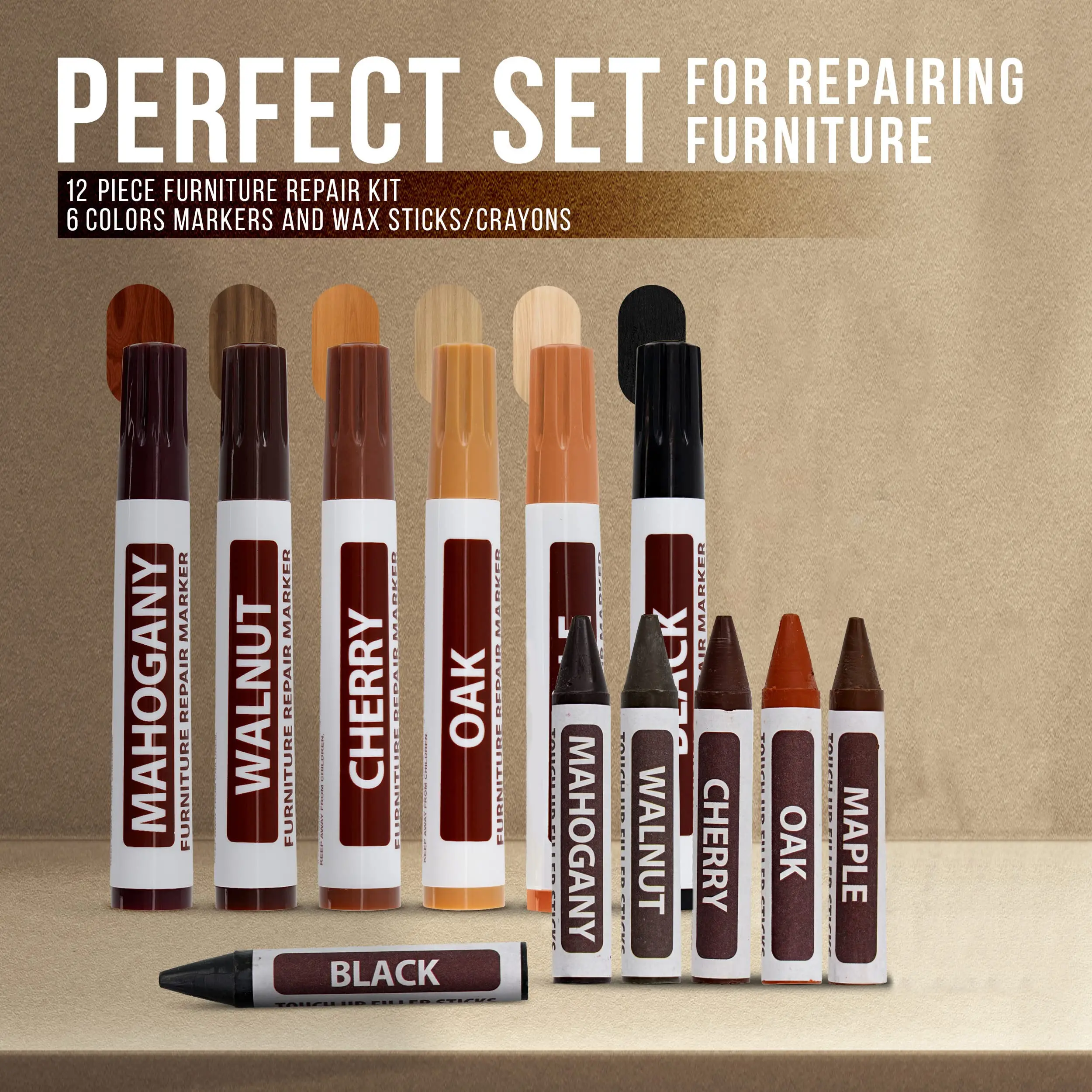 12 Piece  Furniture Touch up  Markers Includes 6 Felt Tip&6 Wax Crayons for Bedposts, Touch Ups, and Cover Ups