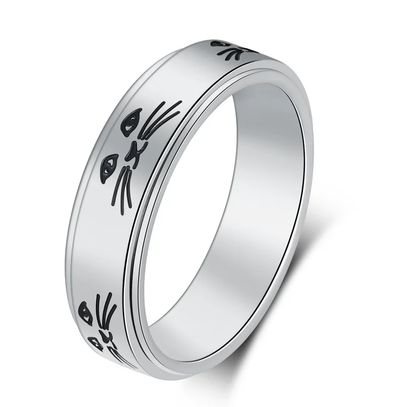 New Arrival Stainless Steel Fashion Fine Jewelry Rotatable Cat Kitty Face Pattern Finger Rings Waterproof Ring For Women