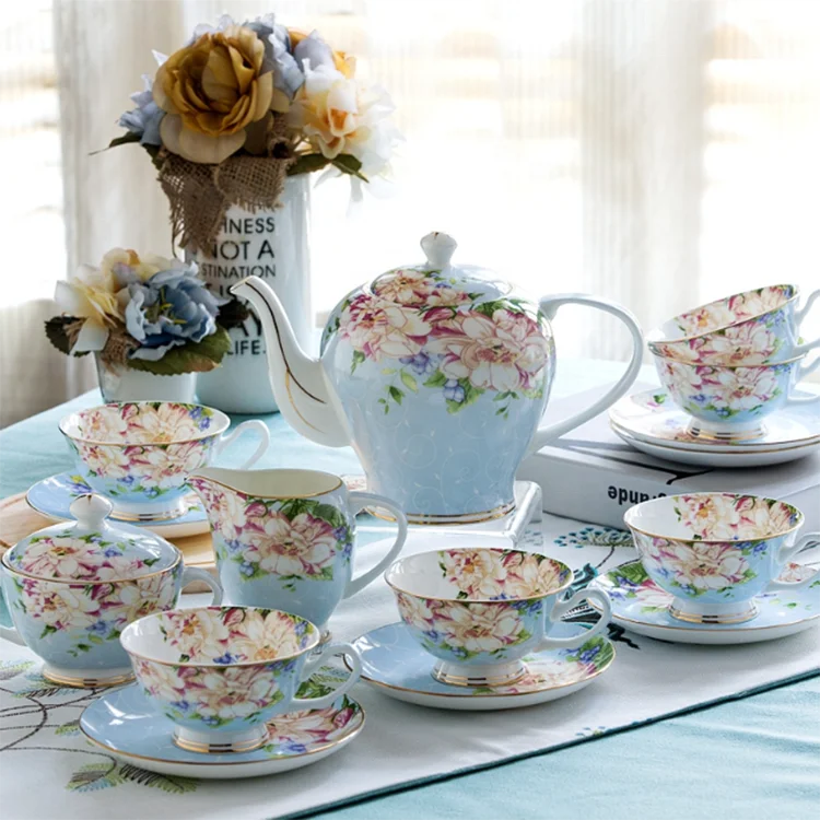 15PCS Elegance Flower Decal Tangshan Porcelain Fine Bone China Tea And Coffee Set Manufacture For Wholesale