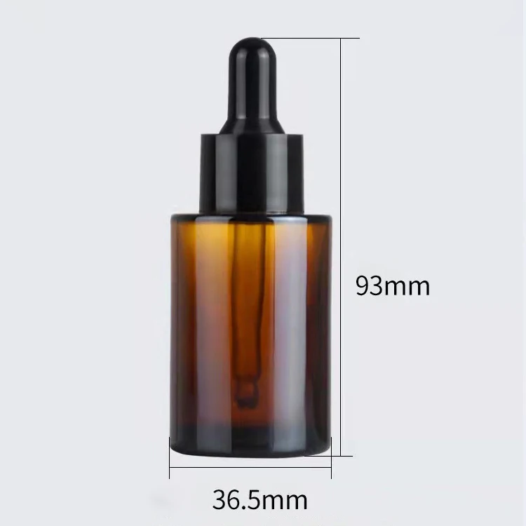 1 oz 30 ml  serum packaging Round transparent Glass Bottle with Glass frosted amber Flat shoulders Dropper for essential oils