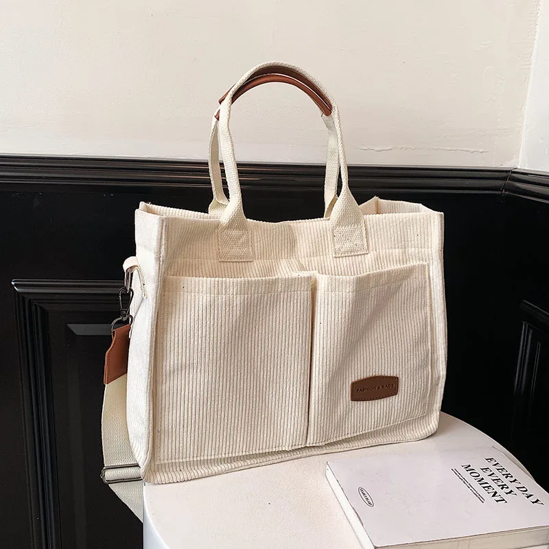 New Style Customized Logo Square Tote Bag Corduroy Bag Corduroy Tote Bags Custom Print with Pocket for Women Shoulder for School
