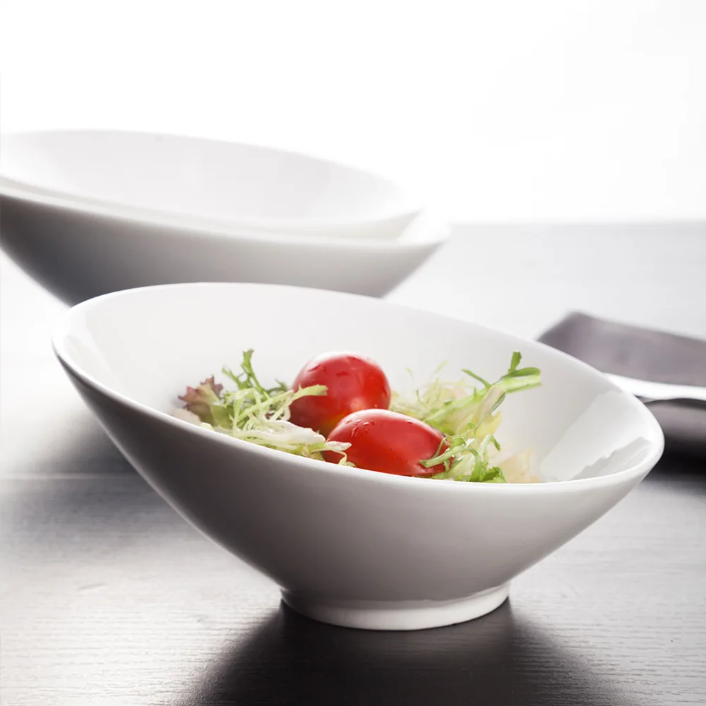 Wholesale Custom Decor New Design Simple Household Yogurt Shaped Slanted Boat Shape White Pasta Ceramic Fruit Salad Bowl
