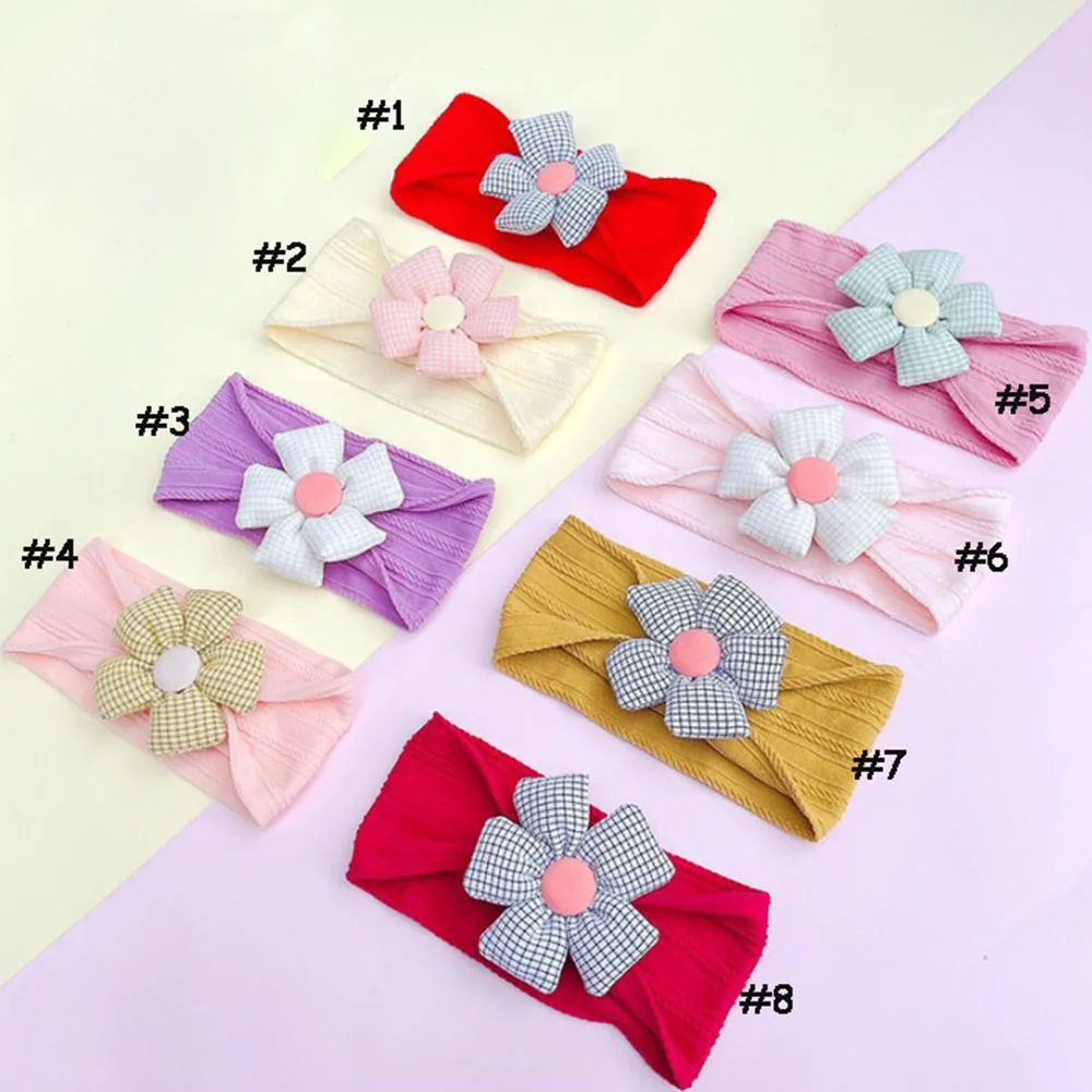 15*8 CM New Korea Fashion Flower Nylon Headband Baby Cable Knit Headbands Kids Girls Soft Turban Infant Head wraps Children