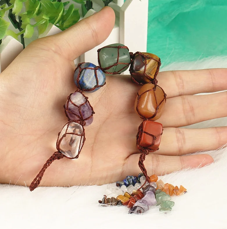Natural Stone Woven 7 Chakras Winding hang Ornaments Gemstone Quartz Crystal Healing Stone Hang Decorations