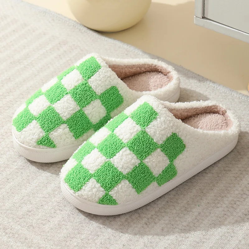 Fashion Women Winter Checked Print Indoor Warm White Cotton Slippers With Cute Checkered Pattern