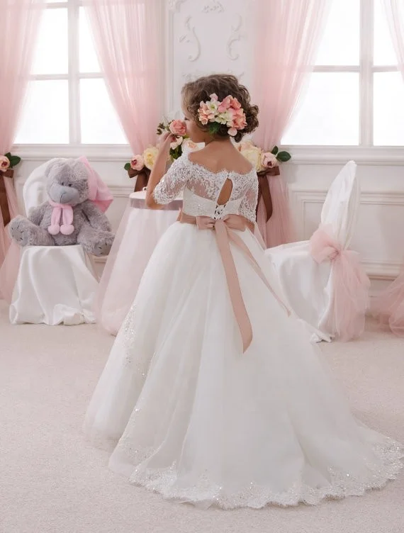 
lace flower girls ball gown dresses with bow first communion dresses for girls half sleeves holy communion dresses for girls 