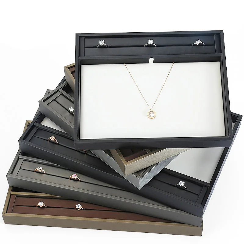 factory high quality PU leather cover wooden diamond ring earring necklace pendant jewelry display choose tray stock wholesale