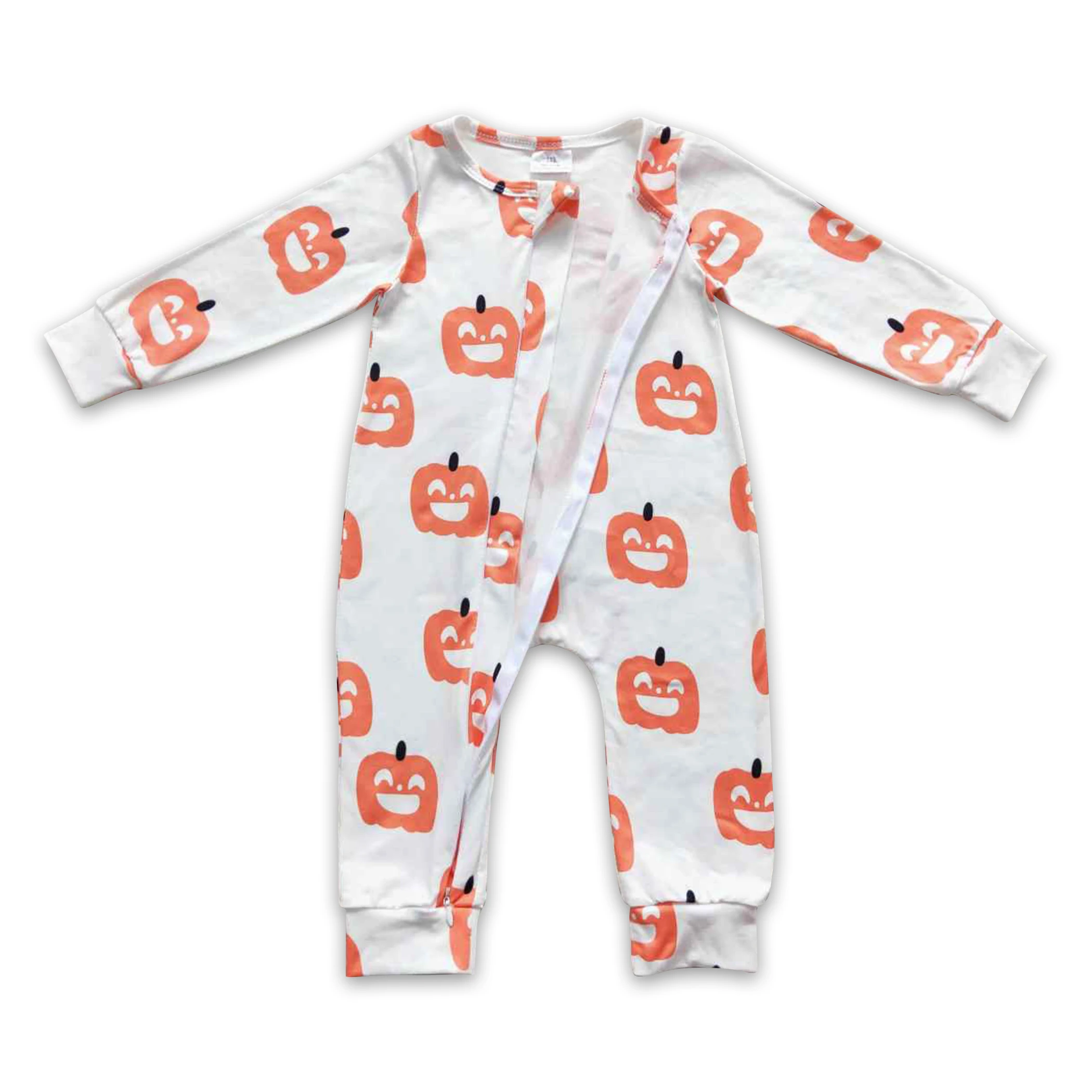 In Stock Small Pumpkin Pattern White Boutique Baby Sleepers Zipper Romper Wholesale and Soft Fabric for Baby Boys Clothes