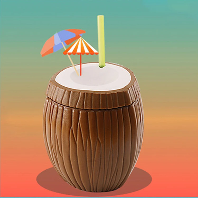 Hot selling 430ml Double Wall Cool Coconut Cup Mug with Straw