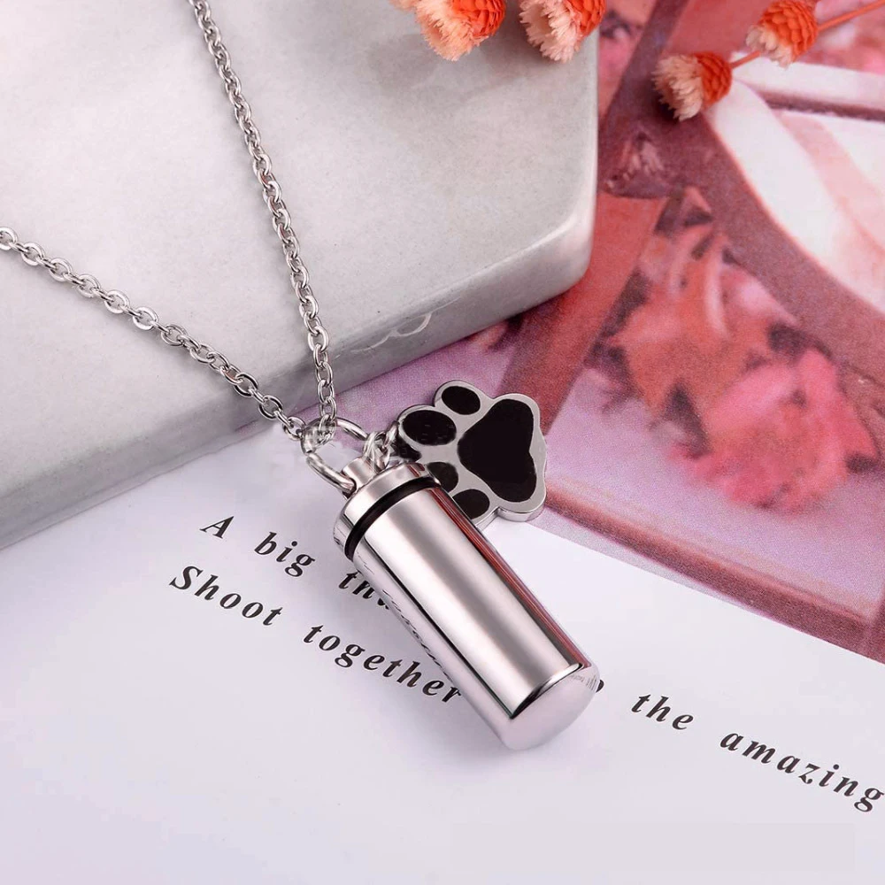 Stainless Steel Paws Print Cylinder Cremation Urn Necklace For Pet Ashes Keepsake Memorial Jewelry Pendant