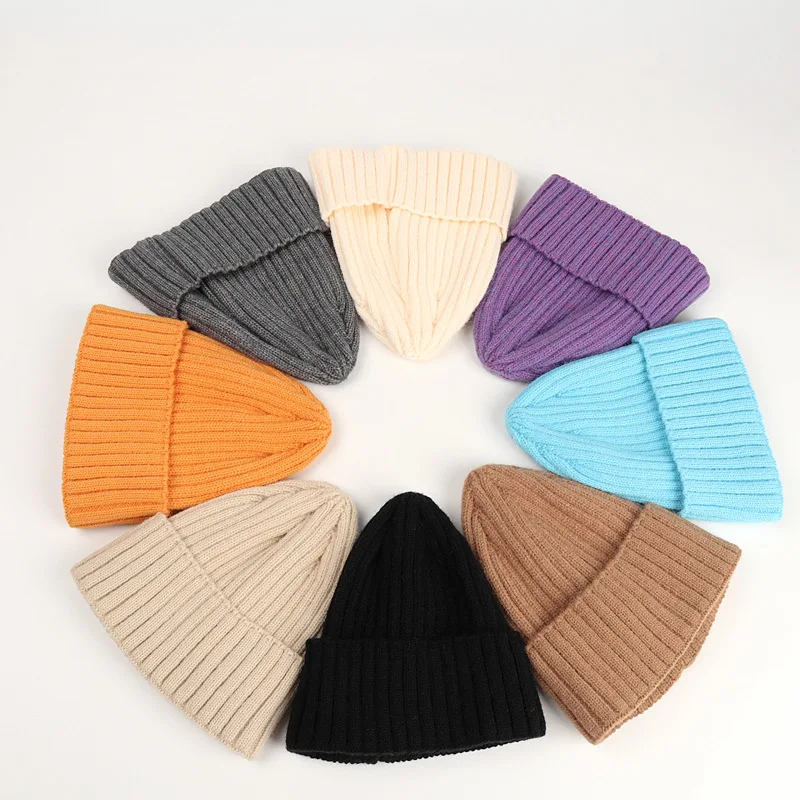 2024 Trendy Men Women Brimless Skull Caps Solid Ribbed Knitting Blue Purple Orange Women Beanie Winter Knitted Unisex Warm Hat