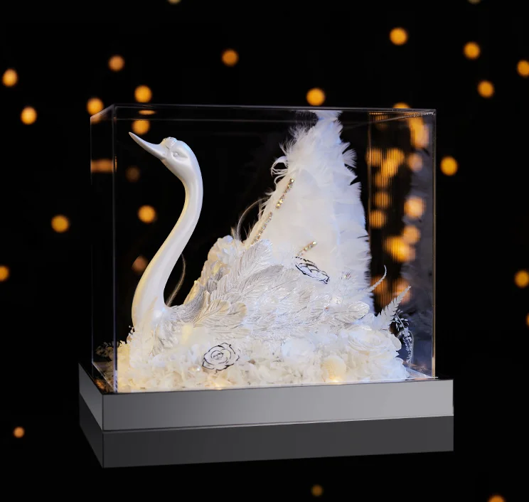 Luxury gift black white swan preserved forever flower rose hydrangea swan gift gold silver swan in clear acrylic glass box