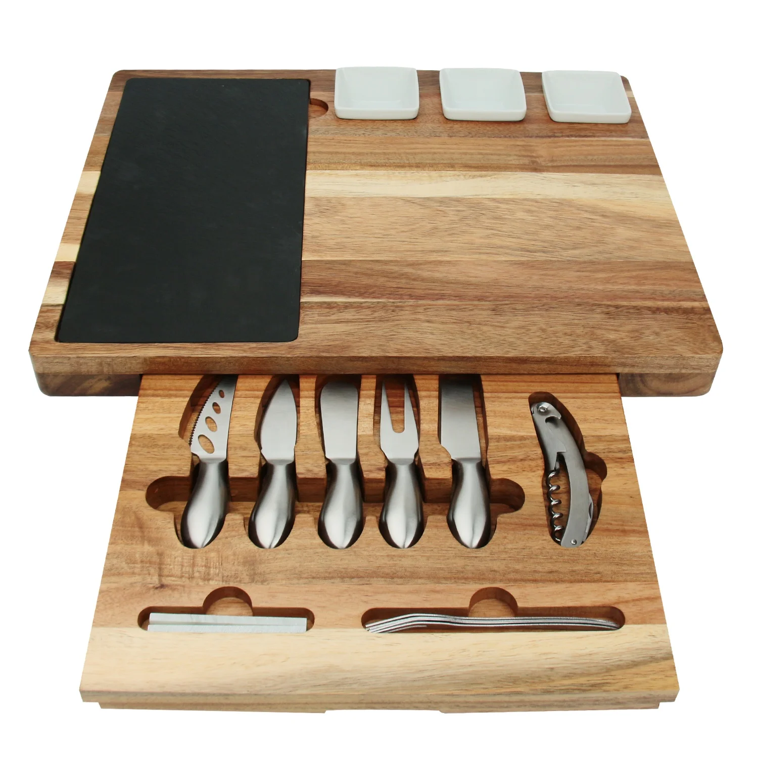 Large slate acacia wood cheese board knife set with drawer wholesale wooden cheese cutting board wood charcuterie cheese board