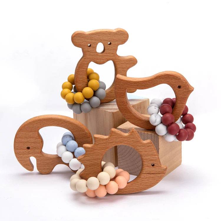 Olive Oil Natural Wooden Food Grade Silicone Baby Animal Teether Chewing Bracelet Rattle
