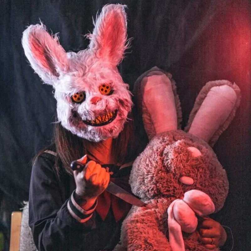Halloween Bloody Bunny Mask Bloody Plush Creepy Rabbit Animal Head Mask for Cosplay Masquerade Party Supplies
