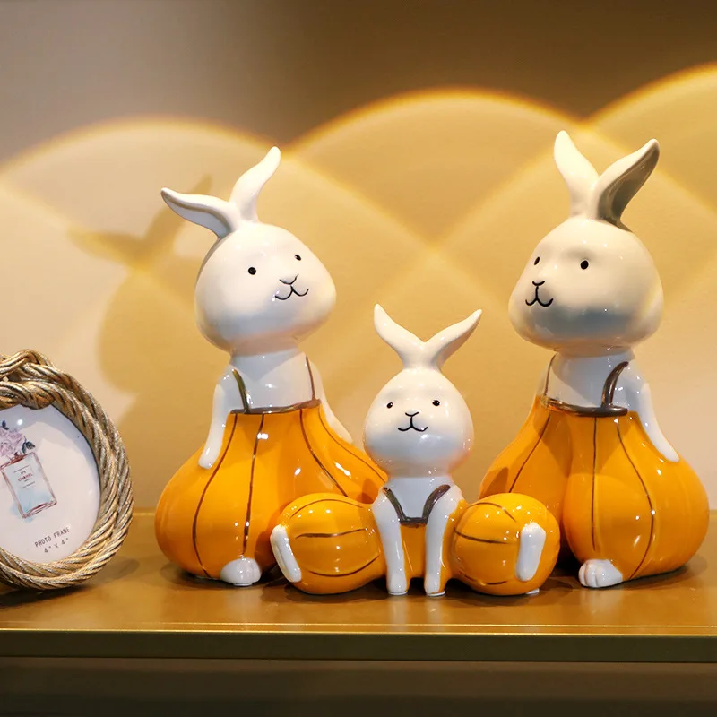 Thanksgiving Pumpkin Rabbit Statue Ornament Home Simple Pumpkin Rabbit Set Ceramic Craft Rabbit Figurines Decoration Sculpture