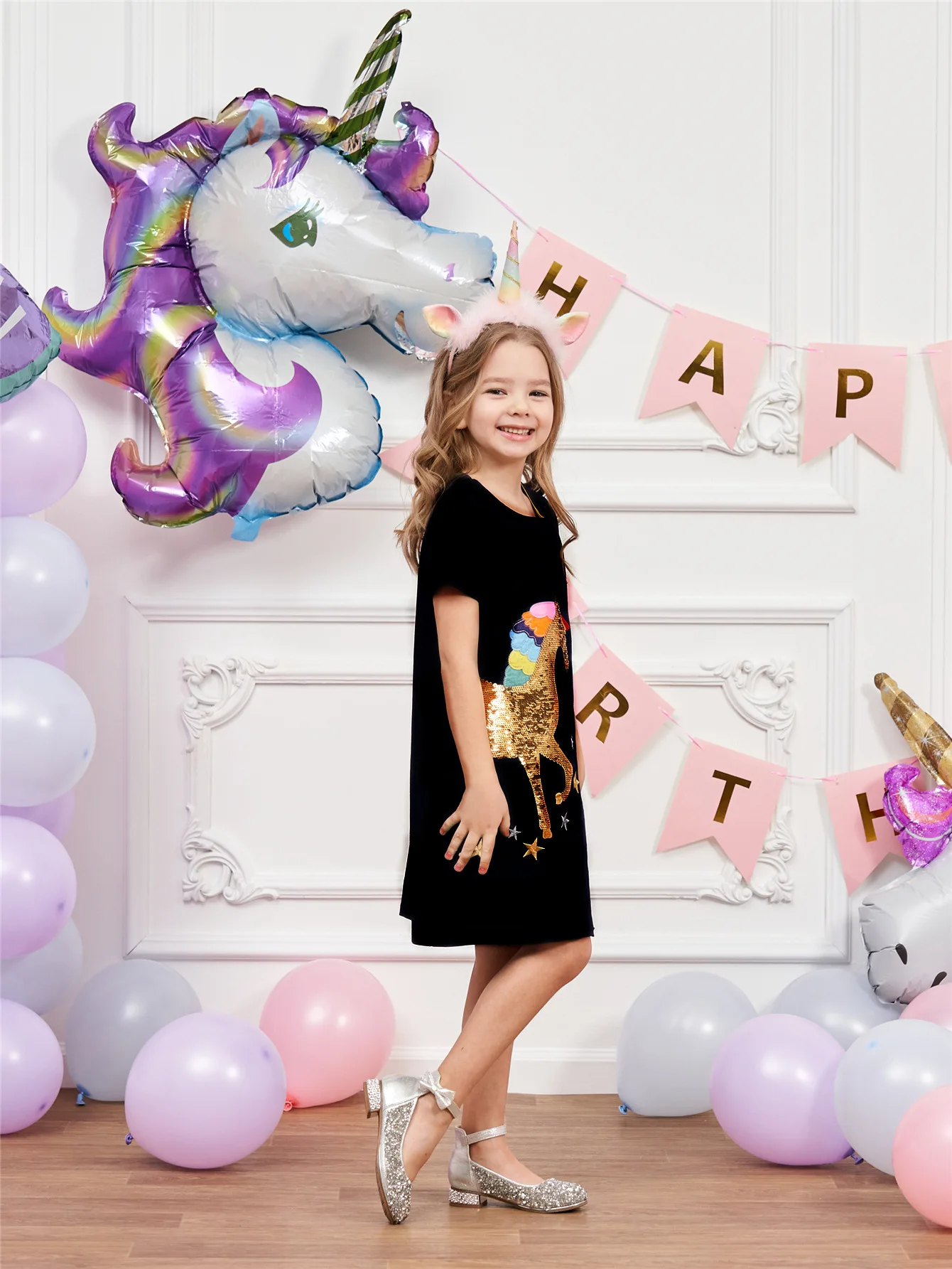 Customized Logo Kids Black Color A-Line Unicorn Sequins Girls Summer Dress 3-8 Years