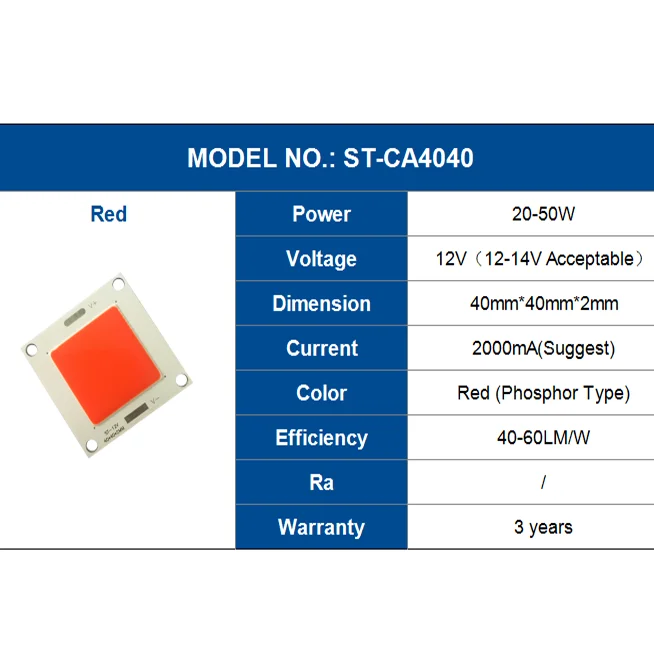 4040 red color cob leds chips 12 v 20-50w 40 - 60 lm / w  for customized fish light