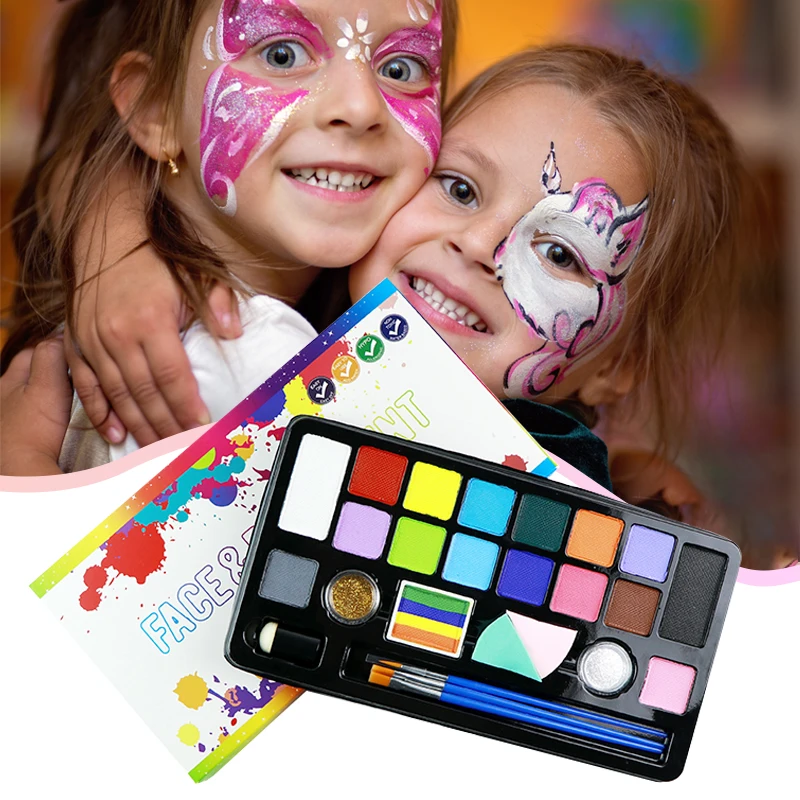 GP Professional 16 colors water based vegan split rainbow Face Body Paint kit with Glitter Stencils for kids Face Painting