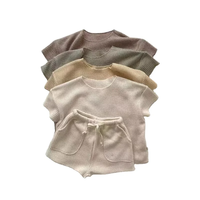 Custom INS Kids Boys Tracksuits Summer Waffle Cotton Shirts Pockets Pants 2pieces Children Clothing Sets Toddler Jogging Sets