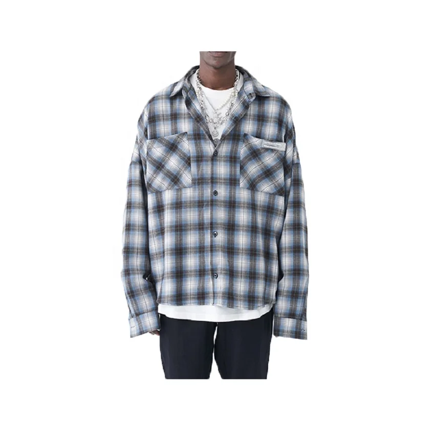 Custom vintage flannel mens trendy pocket spring and autumn plus size loose unisex cotton long sleeves custom logo plaid shirts