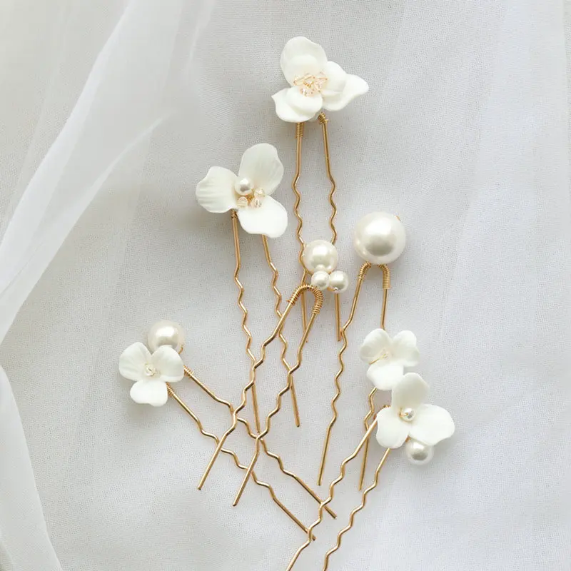 7Pcs/Set Ceramic Flower Bridal Hairpin Tiara Accessories New Arrival Simple Pearl Wedding Headpiece Jewelry for Women