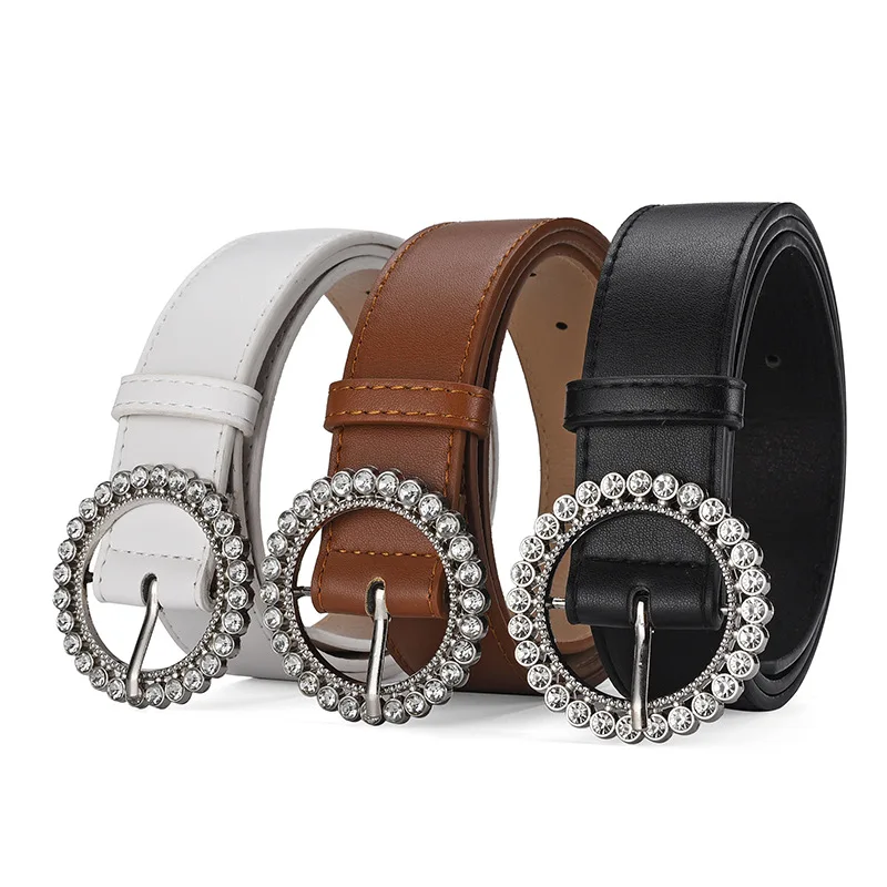 Hot sale rhinestone metal round buckle belt fashion pu leather belt all-match fashion casual decoration ladies belt